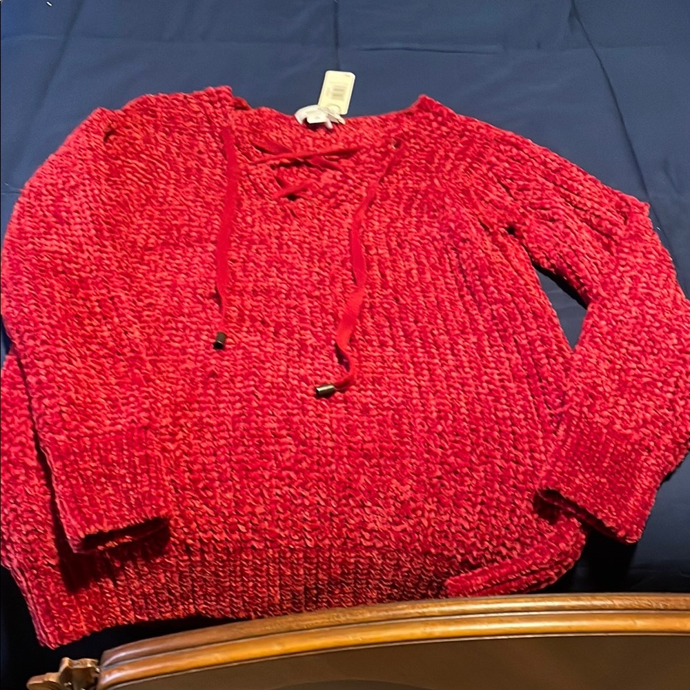 Simply Noelle Red V-Neck Sweater with Textured Knit and Adjustable Neckline